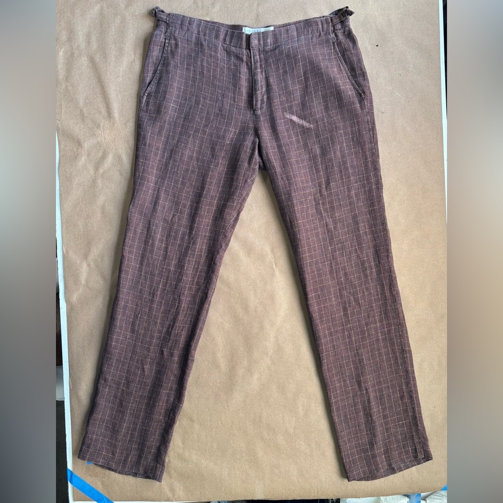 Parke & ronen plaid linen trousers with adjustable waist, lightly worn